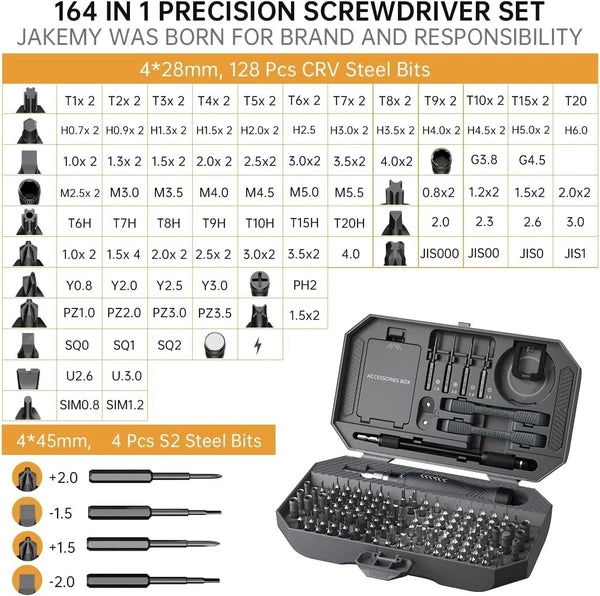 Versatile 164-Piece Screwdriver Kit with Adjustable Handle - For Professionals