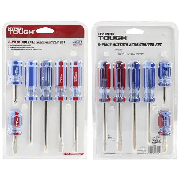 Hyper Tough 6-Piece Phillip and Slotted Screwdriver Set with Acetate Handle