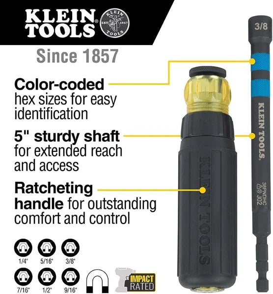 Klein Tools 32950 Ratcheting Hollow Nut Driver Set, Magnetic, 6 SAE Sizes,Handle