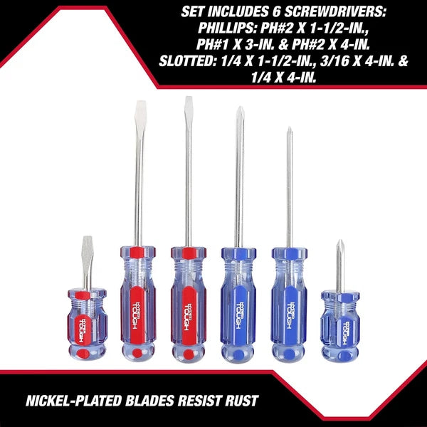 Hyper Tough 6-Piece Phillip and Slotted Screwdriver Set with Acetate Handle