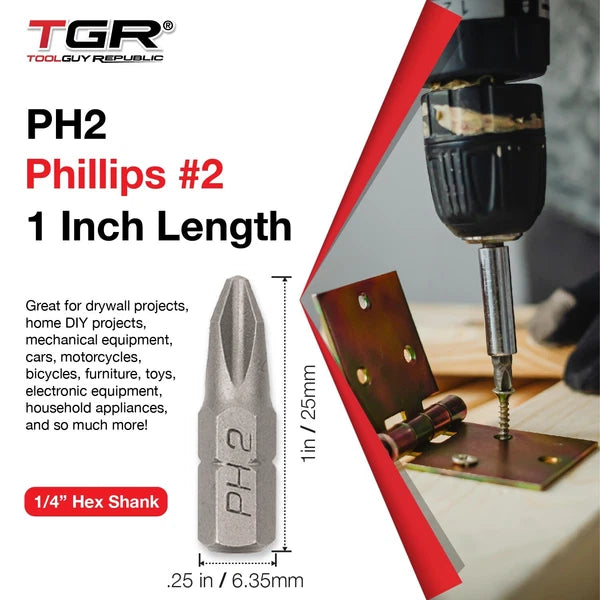 Phillips #2 PH2 Screwdriver Bits, 1 In Length, 1/4 Inch Shank, S2 Steel (50 PK)