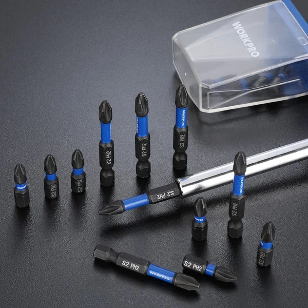 WORKPRO 16PCS PH2 Impact Phillips Screwdriver Bit Set CNC Machined S2 Steel Tips