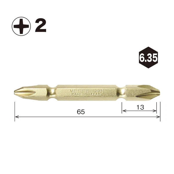 VESSEL Double End Gold Color Driver Bit Magnetic No.GM14 +1,+2,+3 45-200mm Japan