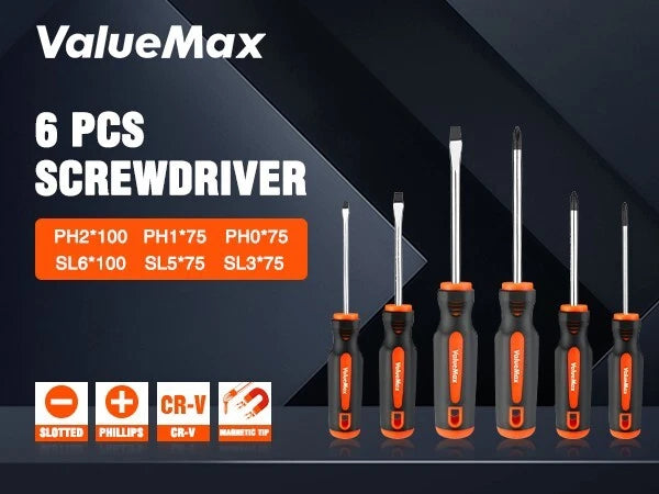 ValueMax 6-Piece Magnetic Screwdriver Set 3 Phillips and 3 Flat Tip Screwdrivers