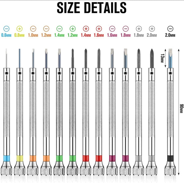 13 pc Precision Screwdriver Set for Watches 0.6-2.0mm Demagnetizer Screw Batch