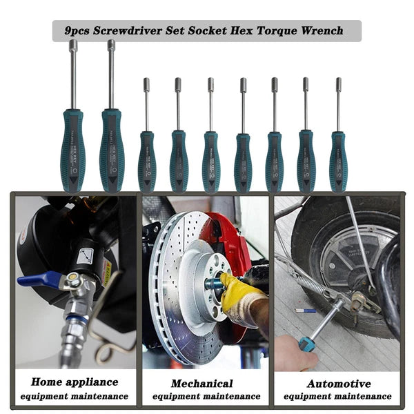 9pcs Screwdriver Set Steel Socket Hex Torque Wrench Multitool Handle PP+TPR