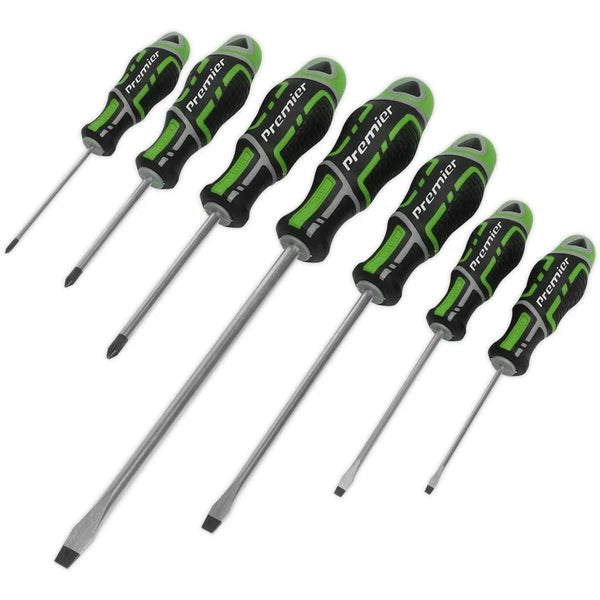 7 PACK Premium Soft Grip Screwdriver Set - Slotted & POZI Various Size GREEN