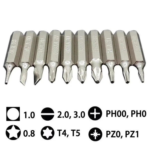 10PCS CR-V Screwdriver Bits Set PH00 PH0 PZ1 PZ0 SL3 SL2 SL1 T5 T4 Mobile Bits