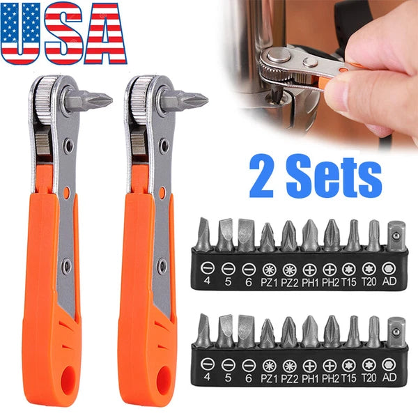 2 X Ratcheting Right Angle Screwdriver Hex Drive 90 Degree Offset+20pc Bits Set