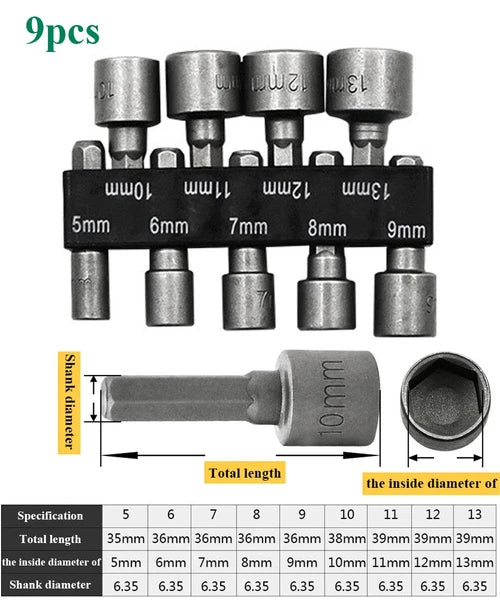9pcs/set 5mm-13mm Hex Sockets Sleeve Nozzles Nut Driver Set Screwdriver Set Tool