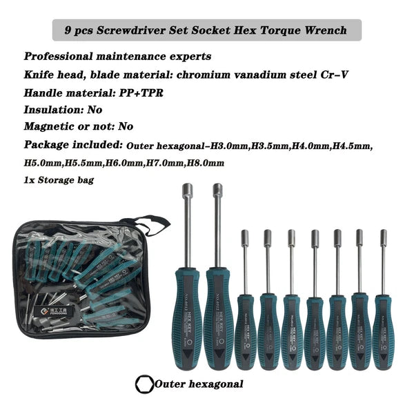 9pcs Screwdriver Set Steel Socket Hex Torque Wrench Multitool Handle PP+TPR